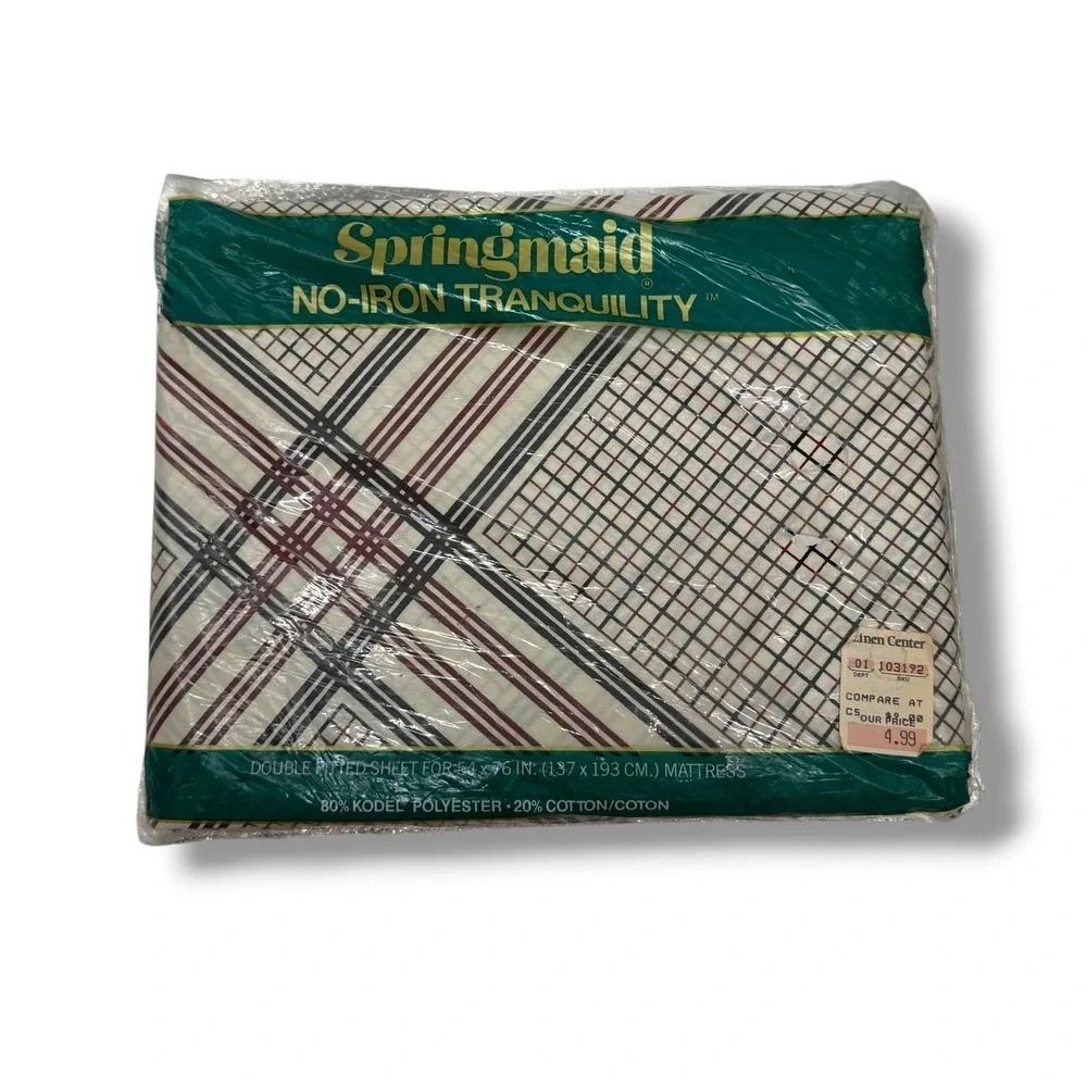 Springmaid Towne Squares Full Fitted Sheet Plaid USA Vintage NIP Deadstock NOS‎